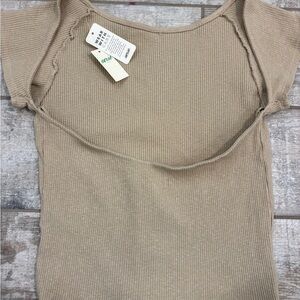 Aerie Beige Ribbed Short Sleeve Tee